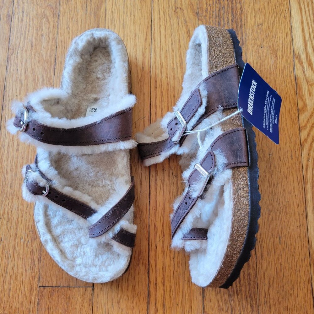 Birkenstock 39 MAYARI SHEARLING Brown Leather Sandals‎ 8 Comfort Earthy Granola